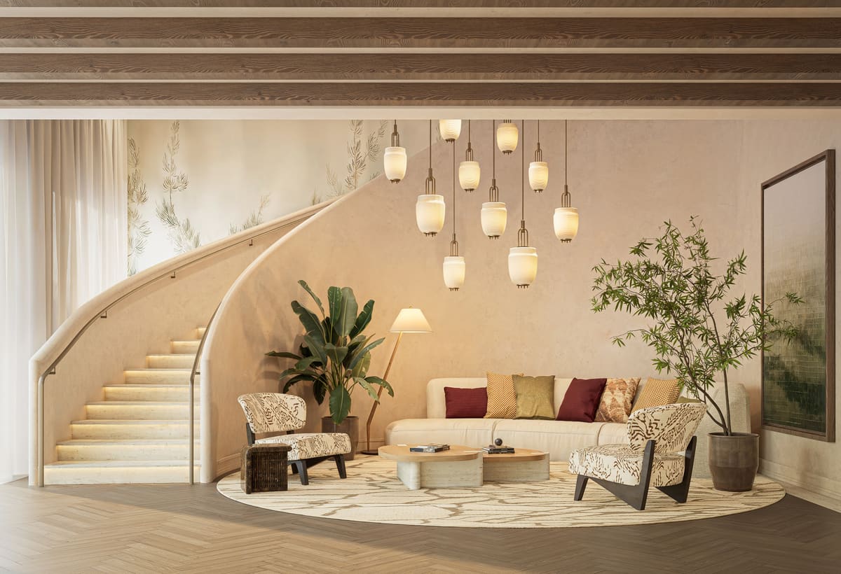 The sculptural grand staircase rising from the Ponce Park Residences lobby to the mezzanine level