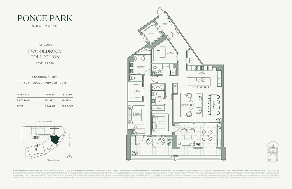 Floor plan — Residence 305, Two-Bedroom Collection, 2 Bedrooms + Den, 2 Baths + Powder, 2,462 sq ft total