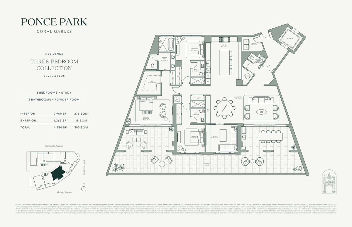 Floor plan — Residence 306, Three-Bedroom Collection, 3 Bedrooms + Study, 3 Baths + Powder, 4,234 sq ft total