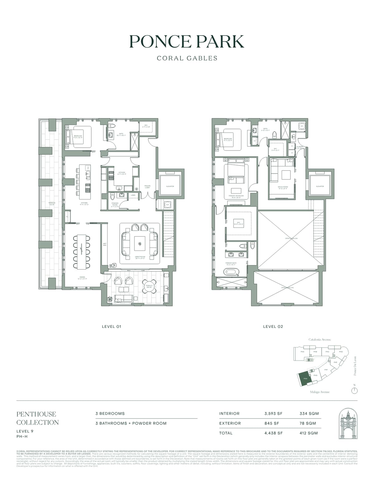 Floor plan — Residence PH-H, Penthouse Collection, 3 Bedrooms, 3 Baths + Powder, 4,438 sq ft total