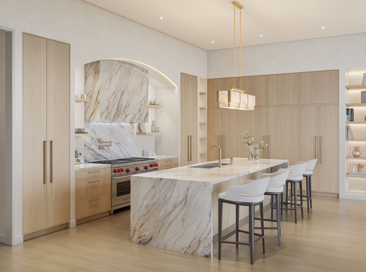 A Meyer Davis kitchen at Ponce Park Residences, with an Italian stone island and handcrafted wood cabinetry