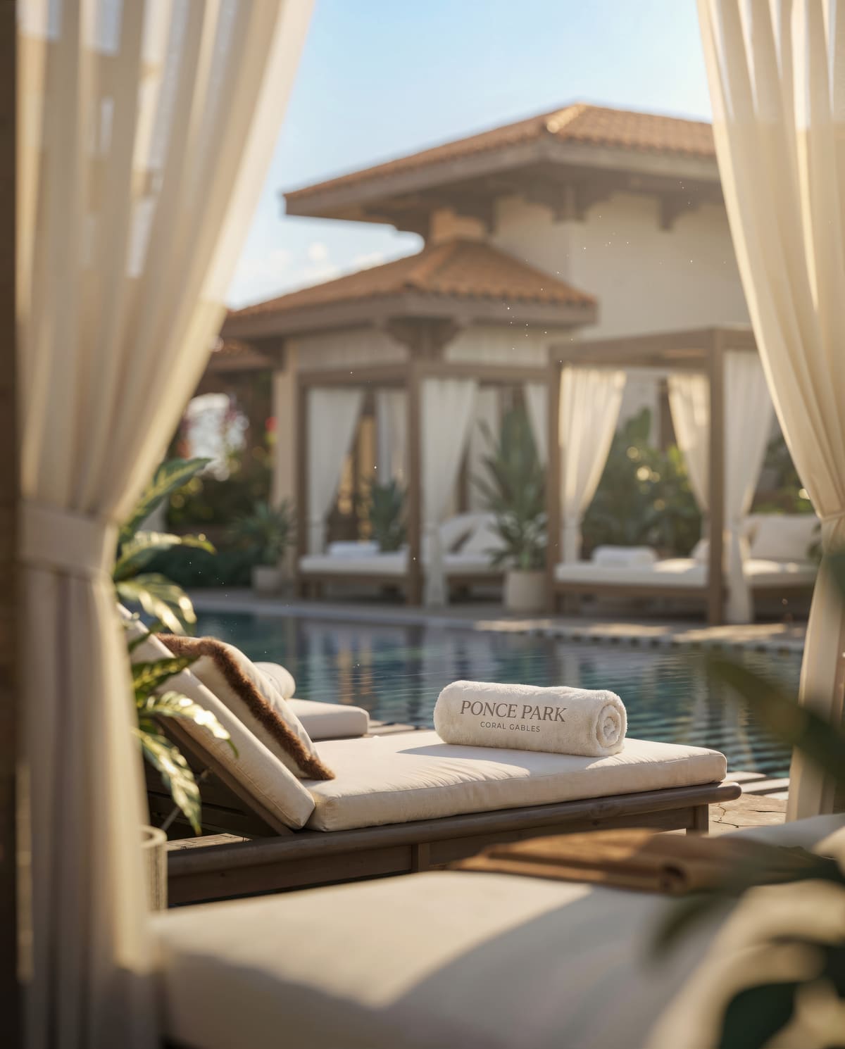 A curtained cabana beside the rooftop pool at Ponce Park Residences