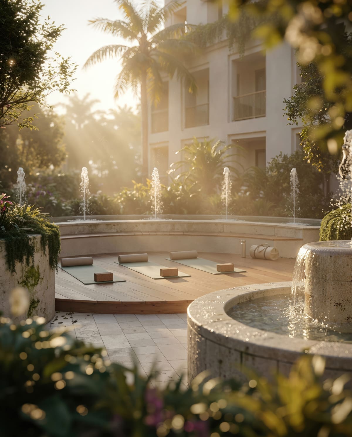 The Zen Garden at Ponce Park Residences, a stone water basin ringed by planting and fountains